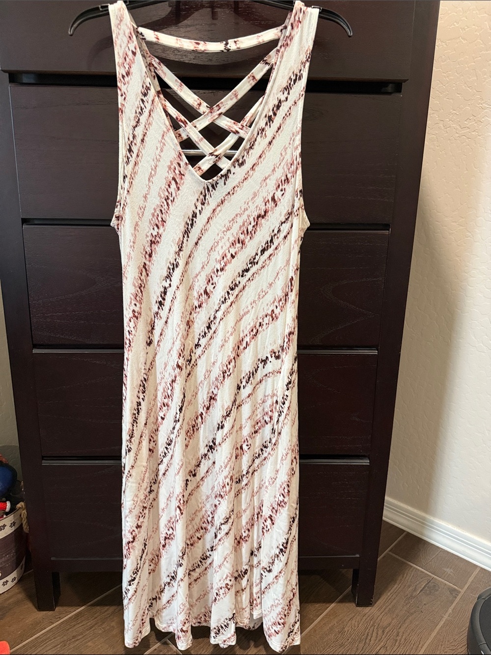 Maurices Striped Crisscross Back Maxi Dress - White, Dusty Rose, Brown